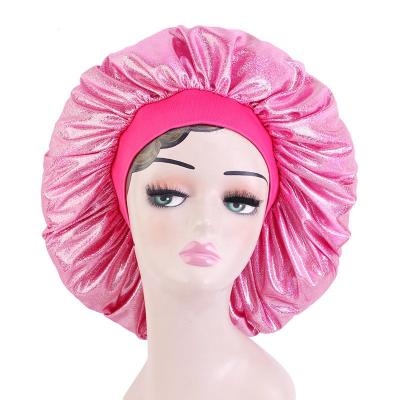 China Custom Bling Logo Elastic Band Salon Hair Bonnet Sleep Hat Women Satin Hoods Extra Large Satin Silk Bonnet Bonnet Hat for sale