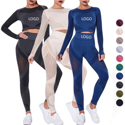 China Custom Logo Women Breathable 2 Piece Long Sheath High Waist Leggings Yoga Set Hollow Out Mesh Active Wear Fitness Gym Set for sale