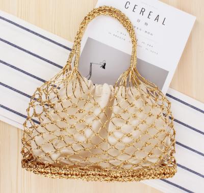 China Fashion Gold Yarn Knitted Net Straw Bag Summer Beach Bag for sale