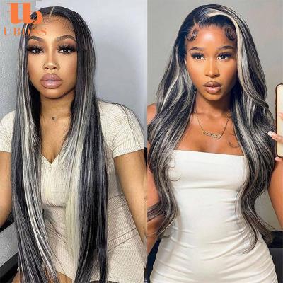 China Wave New Arrival Gray Piano Color Human Hair Silky Straight Wig,Ombre Gray Highlight Lace Front Wigs,Natural Transparent Prepluck Hd Lace Wigs for sale