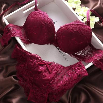 China Hot Selling Women Breathable Lace Up Bra Brief Set Fashion Transparent Lace Lift Up Bra Panty Set Women Underwear Set for sale