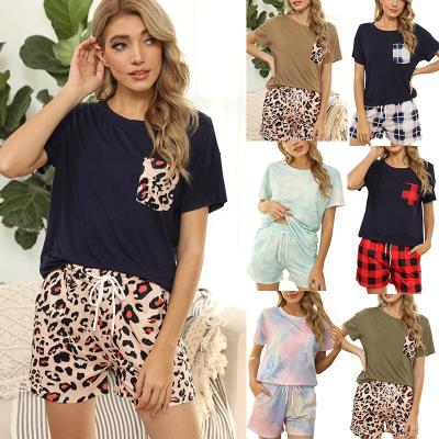 China Casual Anti-wrinkle Leopard Plaid Plus Size Summer Ladies Blouse Women Clothing Complete Pajama Two Piece Set for sale