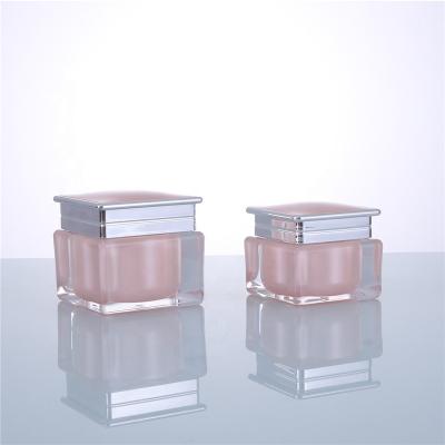 China 0.5 oz luxury cosmetic 1 oz double wall square pink cosmetic acrylic cream jar for cosmetic cream 15g 30ml 50g for sale