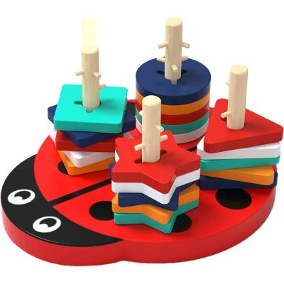 China Educational Montessori Baby Toys Geometric Assembling Column Colorful Wooden Toys Building Blocks Child Educational Gift Hj772 for sale