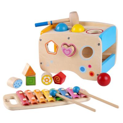 China Educational 3 In 1 Three In One Wooden Musical Instrument Book Tap Education Bench Hammer Ball Rainbow Xylophone Toy for sale