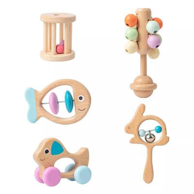 China Factory Musical Baby Wooden Toys Puzzle Early Educational Toys Hand Ring Kids Teeth Toys Rattle Catch Training Set for sale