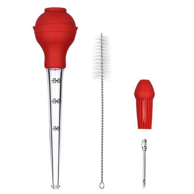 China Viable Meat Marinade Injection Cooking 4 Piece Set with BBQ Oil Brush Cleaning Brush Sauce Injection Needle Silicone Turkey Baster for sale