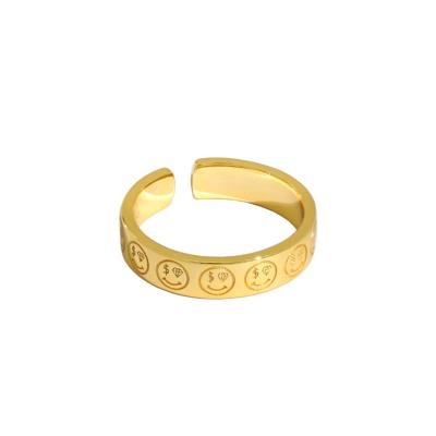 China Vintage 18K Gold Plated Smile Face Open Ring S925 Sterling Silver Wide Money Smile Face Open Ring For Women for sale