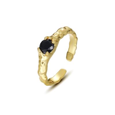 China Vintage Simple Design Fine Jewelry 18K Gold Plated 925 Sterling Silver Black Zircon Opening Ring For Women for sale