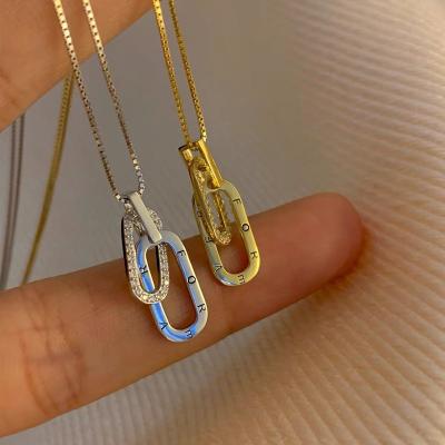 China Environmental Friendly 925 Sterling Silver Zircon Square Buckle Pendant Necklace For Women Simple Letter Statement Necklace for sale