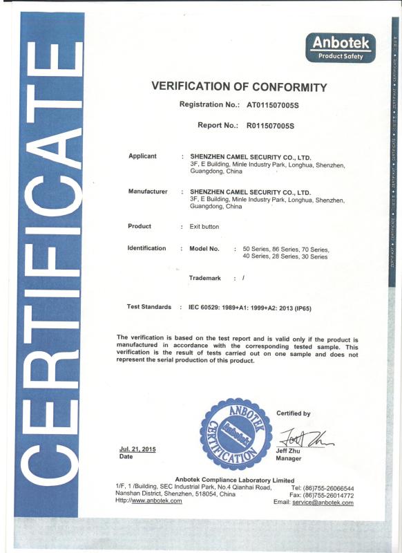 VERIFICATION OF CONFORMITY - SHENZHEN CAMEL SECURITY CO.,LTD