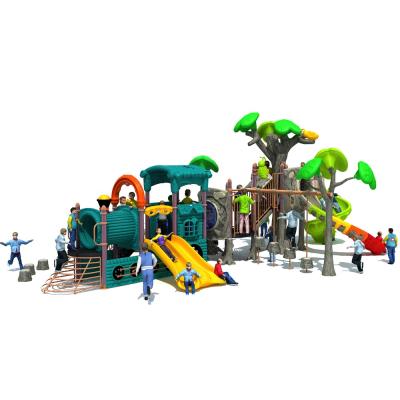 China New Design Outdoor Playground Green Train Forest Theme Park Children Outdoor Playground With Plastic Slides for sale