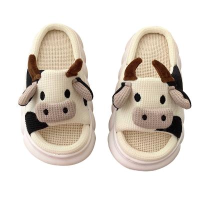 China Women Canvas Slippers EVA Sole Open Toe Thick Cow Cartoon Cotton Home Indoor Slippers High Quality Cute Animal Unique Lightweight Bedroom for sale