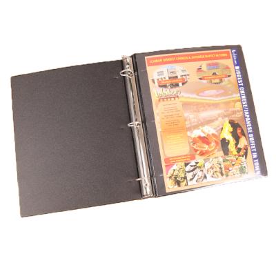 China PVC best selling a4 size new black color restaurant menu PVC 3 hole ring binder custom wholesale top folder for sale