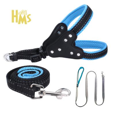 China Custom Reflective Mesh Padded Nylon Rhinestone Reversible HMS Soft Dog Harness With Leash for sale