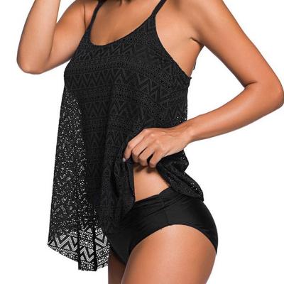 China Plus Size Women Swimwear Black Tankini Tummy Control Beach Breathable Retro Swimwear Top Solid Swimsuit With Shorts Two Piece Swimsuit for sale