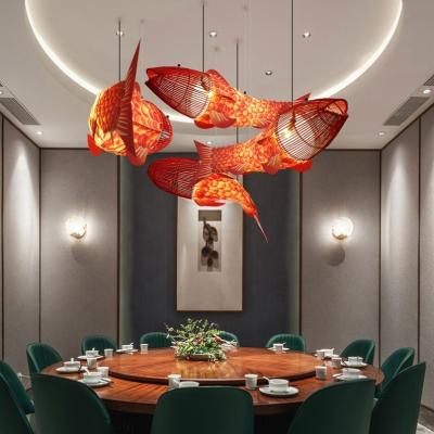 China Modern Creative Wooden Fish Lamps Large Chandeliers Restaurant Lighting Fixture Bamboo Chinese Style Pendant Lights for sale