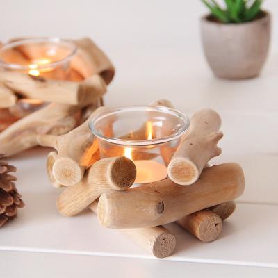 China New Design Classic Glass Wood Candle Holder Tealight Wood Candle Holder for sale