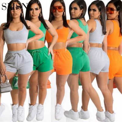 China Anti-pilling Custom Logo Womens Spring Apparel Crop Tank Tops Shorts Sportswear Ladies 2022 2 Piece Short Set Women for sale