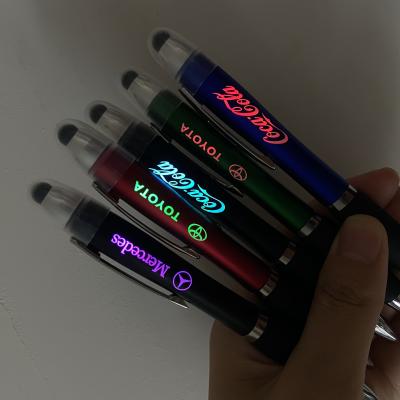 China 2021 New Promotional Pen Gift 2 In 1 LED Tip Custom Logo Glow Multifunctional Cheap Advertising Plastic Pens With Custom Logo for sale