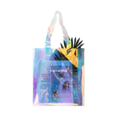 China New Design Low Cost Price PVC Folding Holographic Tote Shopping Bags for sale