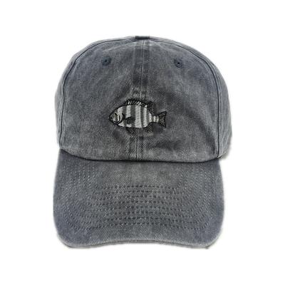 China JOINT Fish Custom Animal Embroidery Unstructured Cotton Fabric Washed Baseball Cap for sale