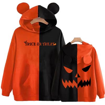 China Anti-Wrinkle Halloween Costume Trick Or Treat Hoodie Color Block Orange And Black Pumpkin Face Sweatshirts Comfy Tops Sudadera Felpa Moletom for sale