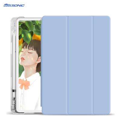 China Fashionable Magnetic Soft Edge Stand Pencil Holder TPU Light Weight Auto-sleep Light Weight Transparent Back Cover+PU Case For iPad Air 1/2 for sale