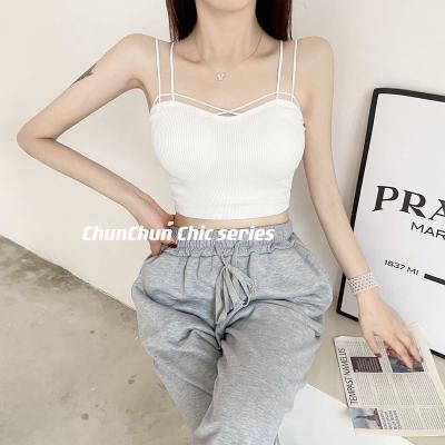 China Summer Ribbed Knitted Crop Top Sexy Camis Top Women Padded Camisole Vest Anti-pilling Spaghetti Beach Top for sale