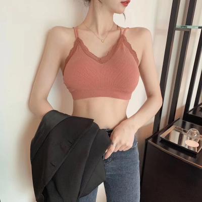 China Anti Pilling Women Lace Up Bra V Neck Bralette Top Sexy Cross Back Underwear Radio Padded Bra Cotton Camis Bra for sale