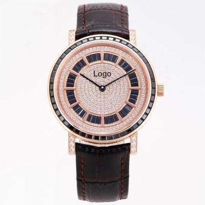 China Brand Luxury Popular Luxury Genuine Leather Stainless Steel Day And Date Diamond Watch Waterproof Minimalist Wrist Watch With Your Logo for sale