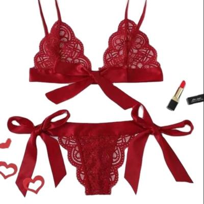 China QUICK DRY Women's Silk Satin Strap Bralette Bra Sets Womens Cute 2 Piece Bow Bra And Panty Set Sexy Women Lace Lingerie Two Piece Set for sale