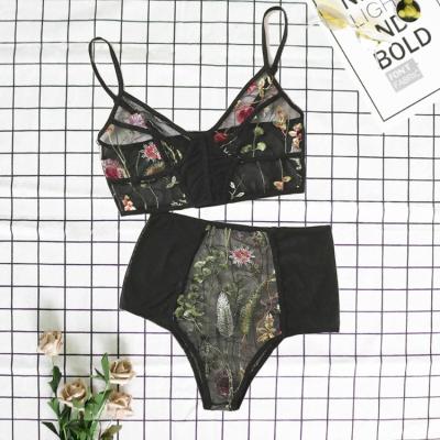 China Sexy Floral QUICK DRY Cami Sheer Lingerie Unlined Floral Bralette Set Mesh Bra Sets High Waist Panties for sale