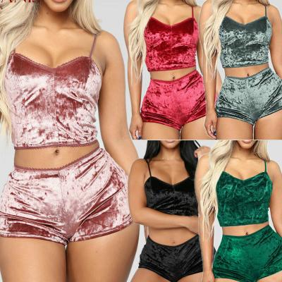 China Elegant QUICK DRY Sexy Ladies Nightgowns Loungewear Spaghetti Strap Women Velvet Shorts 2pcs Pajama Set for sale