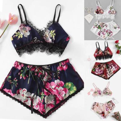 China Custom Floral Silk Sleepwear QUICK DRY Cami Shorts Crop Top Pajamas Set Satin Nightgowns For Women for sale