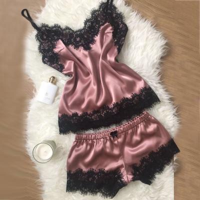 China Hot QUICK DRY Women's Sleepwear Spaghetti Tie Two Piece Silk Robe Femme Cami Short Lace Pajamas Nightgowns Set for sale