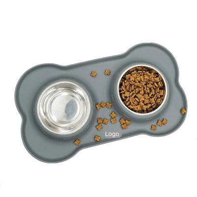 China Automatic Pet Rolls Non Slip Silicone Mat Food and Water Feeding Double Large Stainless Steel Dog Rolls Stainless Bowl for Dog Cat for sale