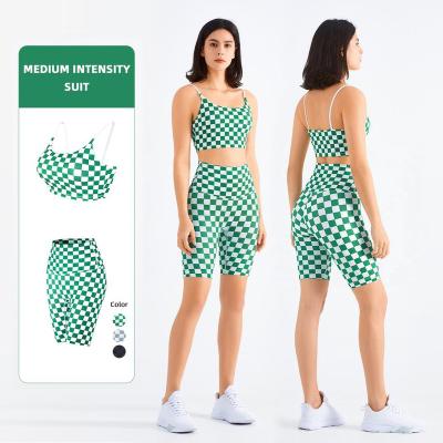 China New Fashion Yoga Women Workout Bra Sets Breathable Custom Two Piece Plaid High Waist Shorts Recyclable Quick Dry Tops Pants Sportswear for sale