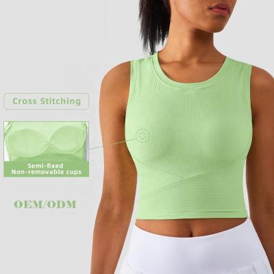 China Custom Breathable Ribbed Semi Fixed Fitness Women's GYM Sports Bras Yoga Crop Tank Tops Anti Spandex High Impact Spandex for sale