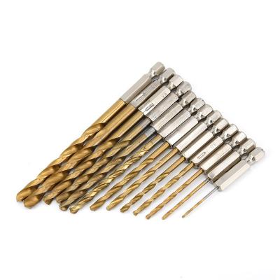 China Metal Steel 13pcs Drilling Set Hex Handle Drill Bit Electric Drill Punch Wood Twist High Speed ​​Steel Plastic Titanium Plated Drill Bits for sale