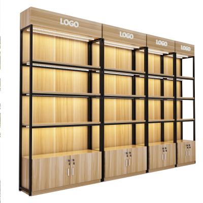 China Customized Modern Black Wooden Shelf Gondola Shop Equipment Display Counter For Retail Store for sale