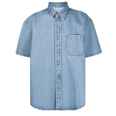 China Breathable Cotton Jeans Shirts Mens Cotton Short Sleeve Denim Shirts Light Blue Washed OEM for sale