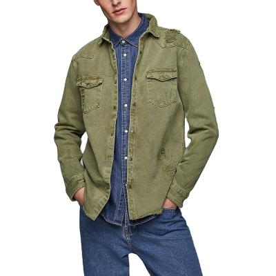 China Anti-pilling Straight Denim Overshirts Double Pockets Ripped Denim Shirts for sale