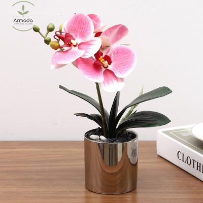 China Home Decor Exquisite Silk Realistic Pink Silk Potted Artificial Flowers Orchids Butterfly Fabric Touch Artificial Flowers Holiday Natural Popular for sale