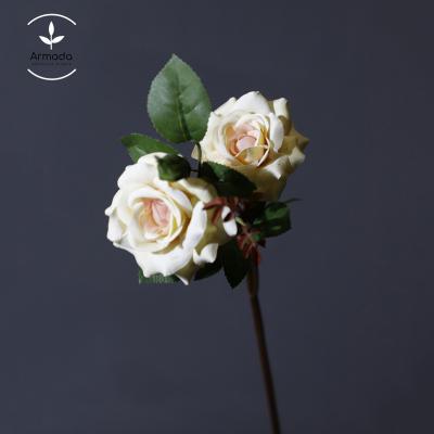 China Hot selling natural touch pole along with leaves two flowers one for artificial flower arrangement wedding decoration simulation rose for sale