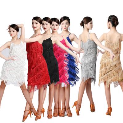 China Sexy Spaghetti Strap Dress Women New Arrival Performance Latin Costume Stage Wear Tassel Sequin Dresses for sale