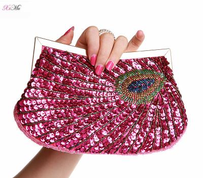 China Luxury shoulder bag pearl beaded handbag sequins grab bag feather pattern women pinch evening clutch bag for sale