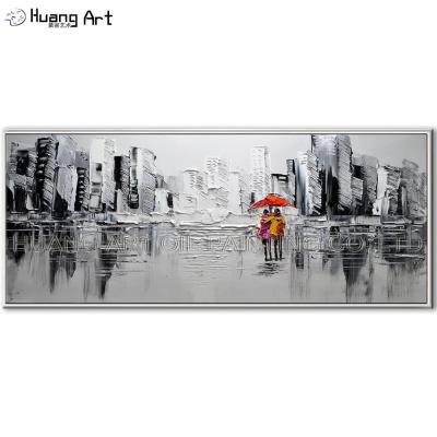 China Modern Skilled Hand Painted Textured Black And White Colors Oil Painting Thick Landscape Oil Painting Artist Knife Rain Landscape Painting for sale