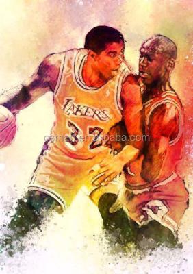 China Abstract Hand Painted Canvas Magic Johnson VS Michael Jordan Oil Painting Lakers VS Bulls Match Oil Painting for sale