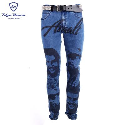 China Designer Sustainable Custom Heavy EDGE DENIM Dark Blue All Over Print On Demand Sublimation Printing Stretchy Skinny Mens Jeans for sale